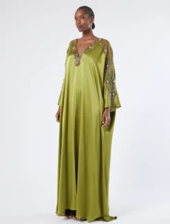 Abito caftano in satin con ricamo - VERDE KAKI