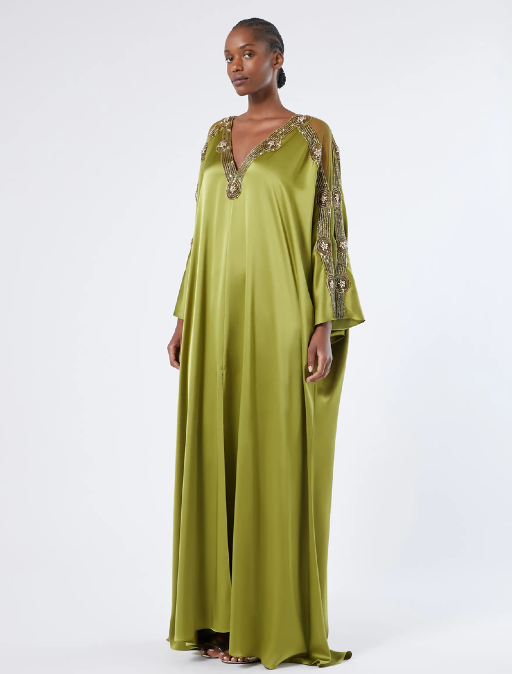 Abito caftano in satin con ricamo - VERDE KAKI