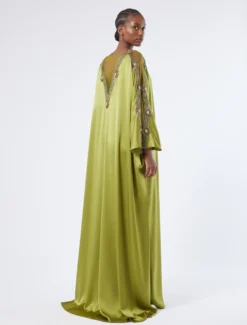 Abito caftano in satin con ricamo - VERDE KAKI