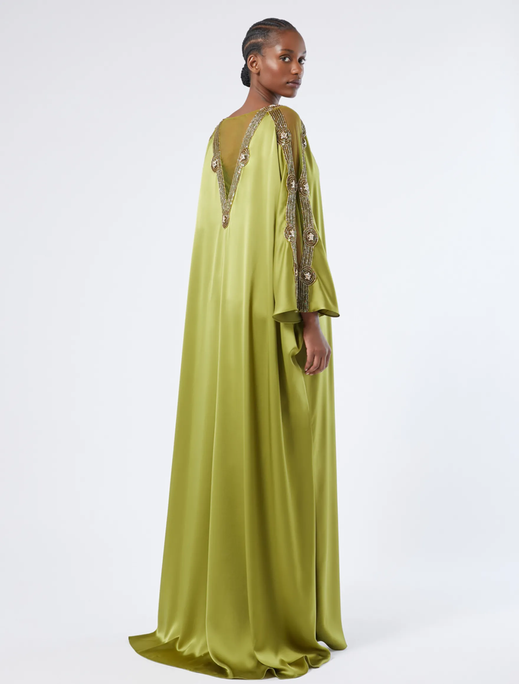 Abito caftano in satin con ricamo - VERDE KAKI