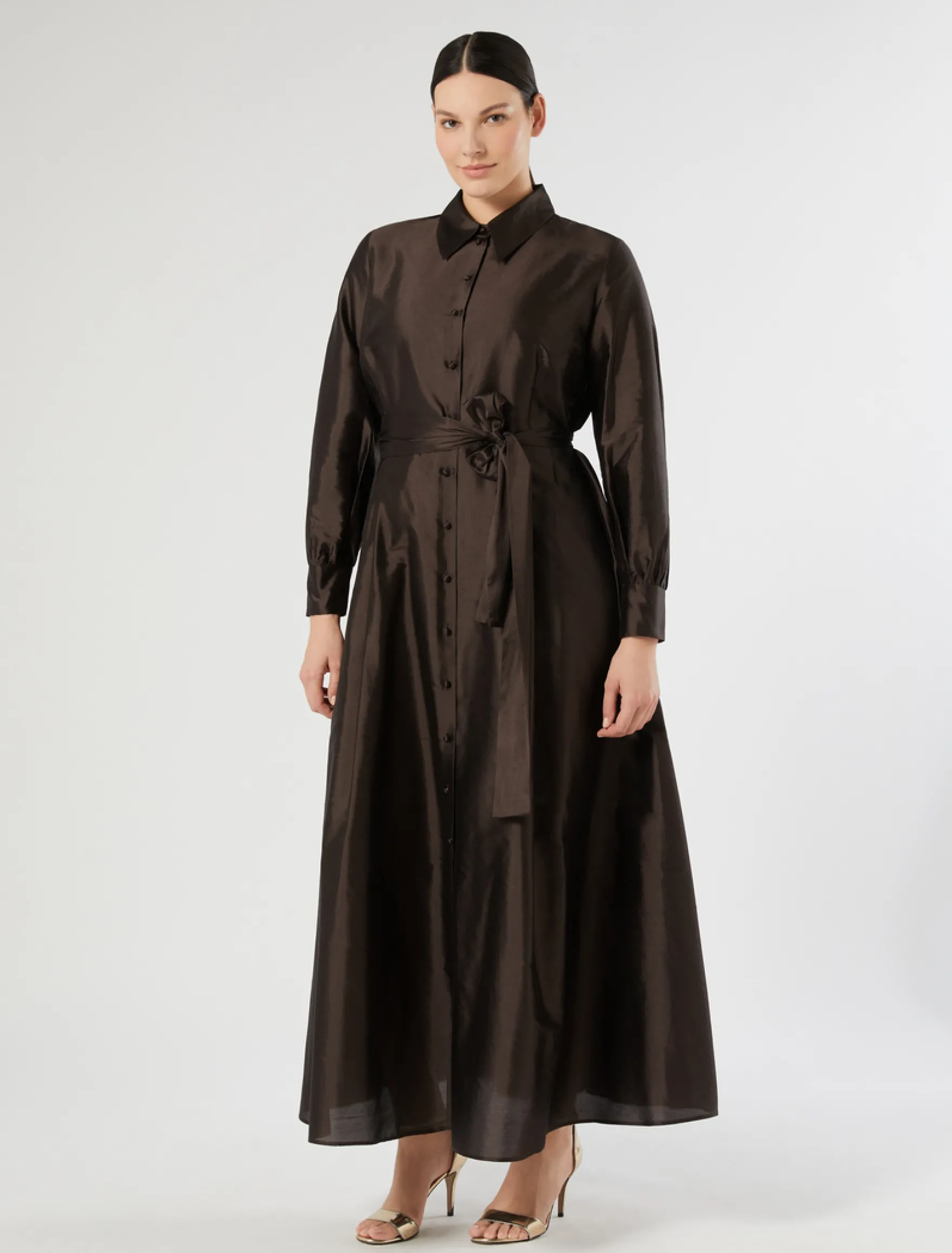 Abito chemisier in organza di seta - MARRONE SCURO
