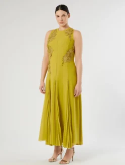 Abito in cady con macramè e strass - VERDE OLIVA