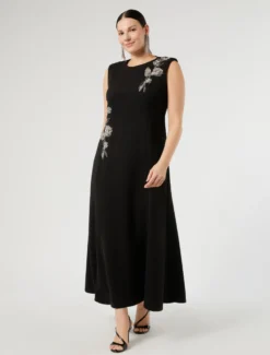 Abito in cady con ricamo - NERO
