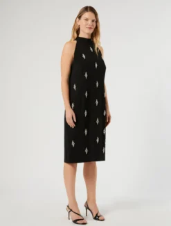 Abito in cady con ricamo - NERO