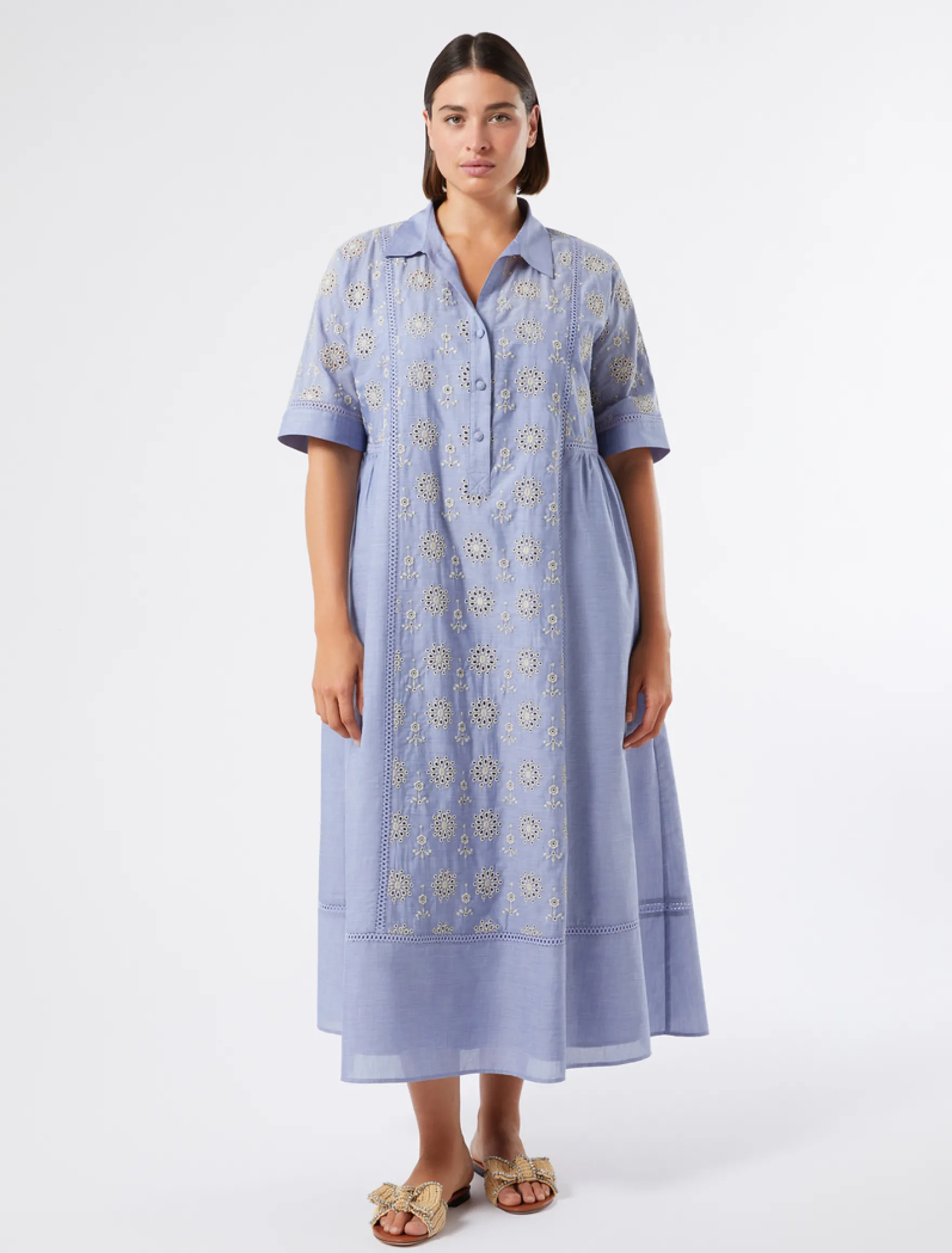 Abito in chambray con ricamo - AZZURRO