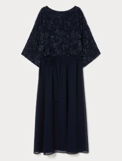 Abito in chiffon con paillettes e georgette - BLU NOTTE