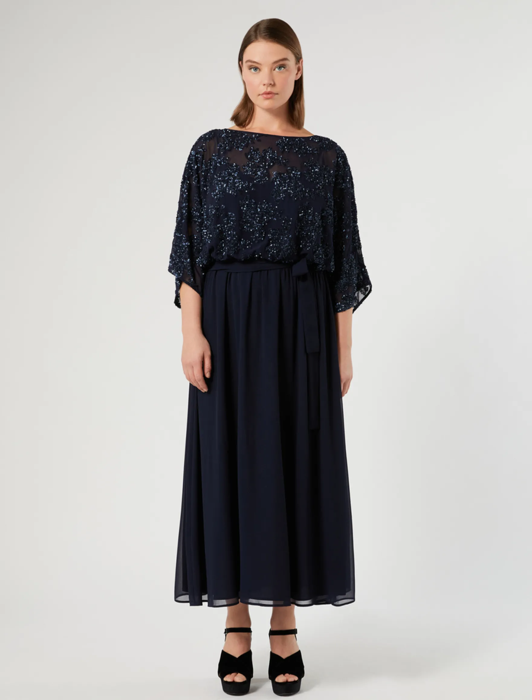 Abito in chiffon con paillettes e georgette - BLU NOTTE