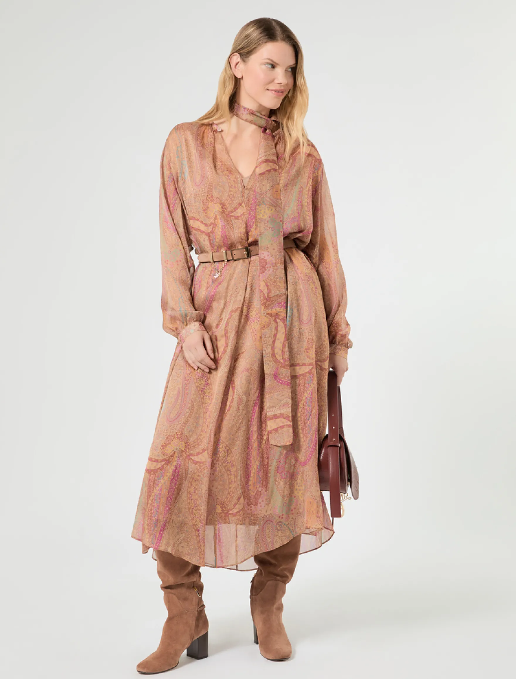 Abito in chiffon di seta - CAMMELLO