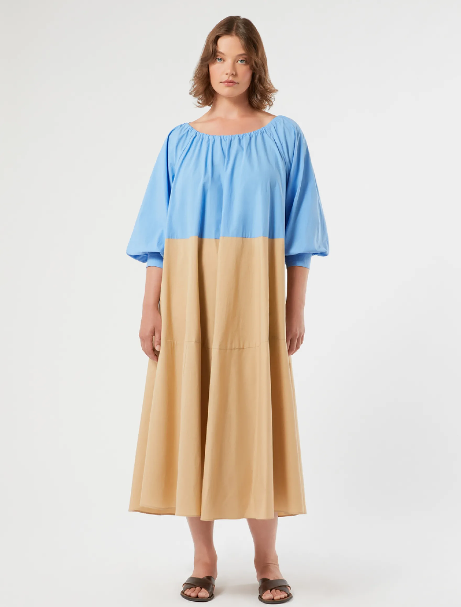 Abito in cotone a balze - AZZURRO