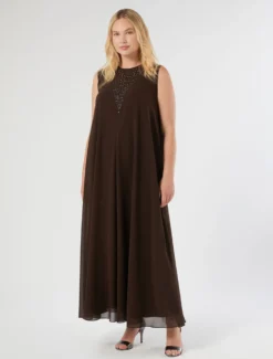 Abito in georgette con ricamo - MARRONE SCURO