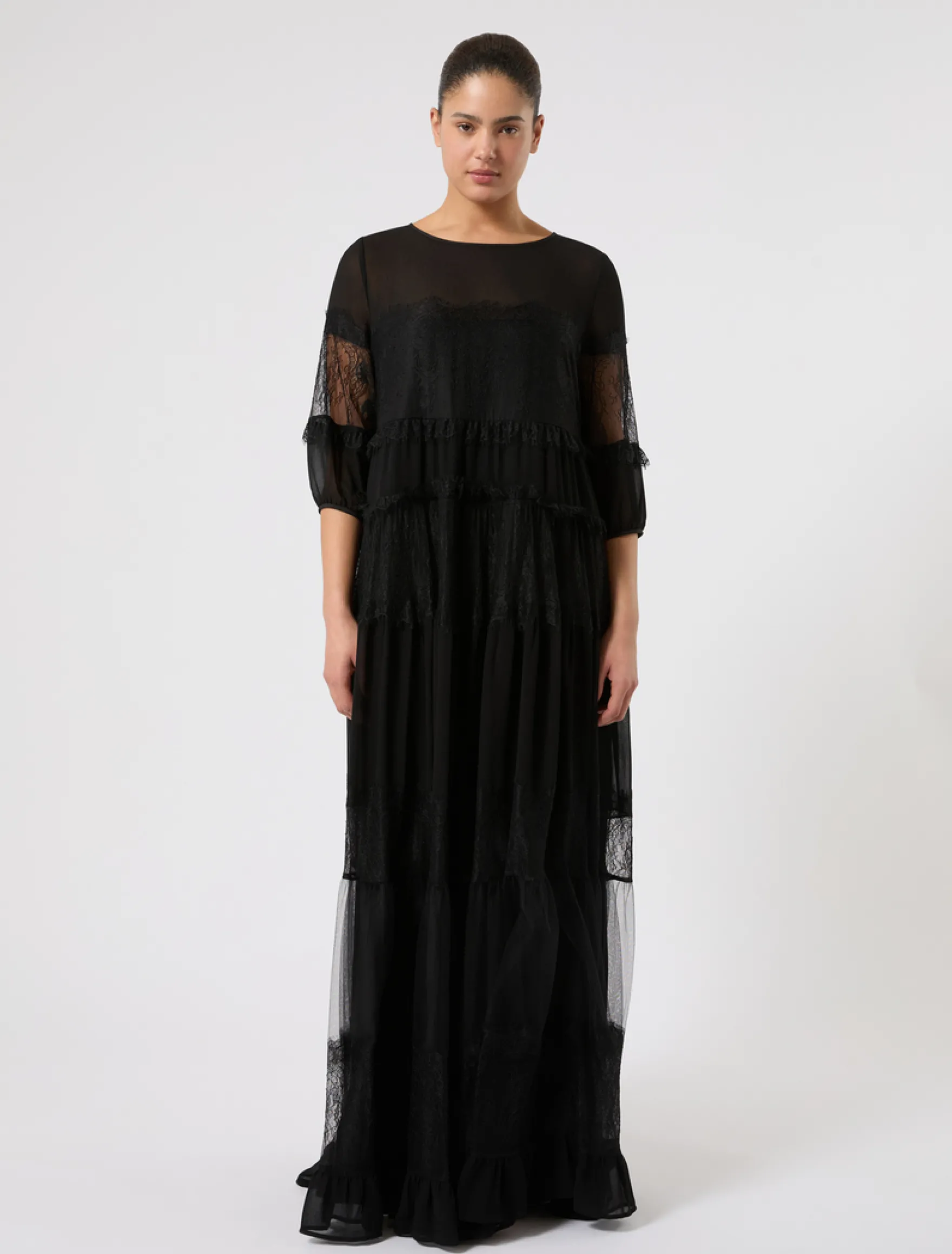 Abito in georgette e pizzo - NERO