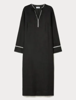 Abito in tela di lino con ricamo - NERO