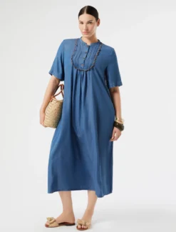 Abito in twill con ricamo - BLU