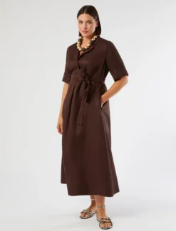Abito in twill di misto lino - CIOCCOLATO