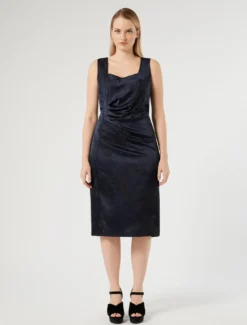 Abito jacquard con drappeggio - BLU NOTTE