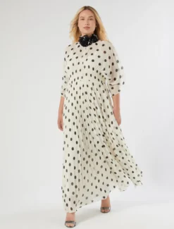Abito lungo in georgette a pois - BIANCO AVORIO
