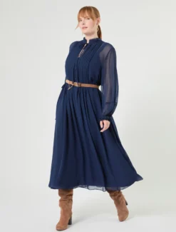 Abito lungo in georgette di seta - BLU NOTTE