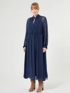 Abito lungo in georgette di seta - BLU NOTTE