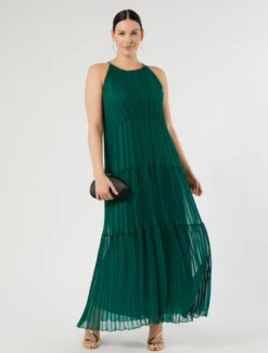 Abito lungo in georgette plissé - VERDE SMERALDO