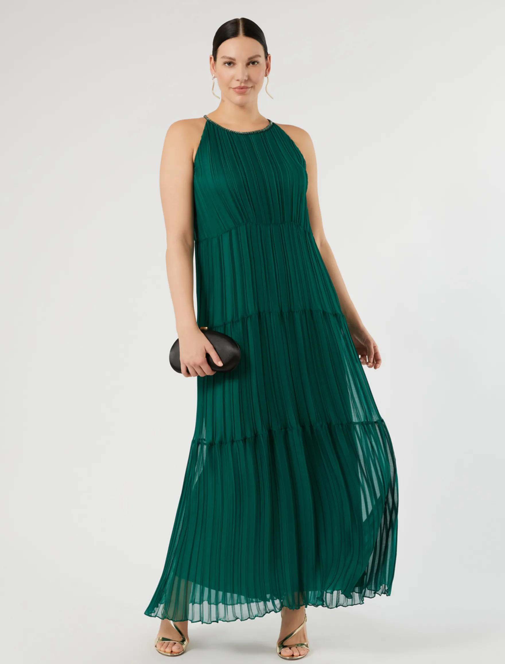 Abito lungo in georgette plissé - VERDE SMERALDO