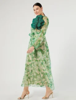 Abito lungo in organza di pura seta - VERDE SMERALDO