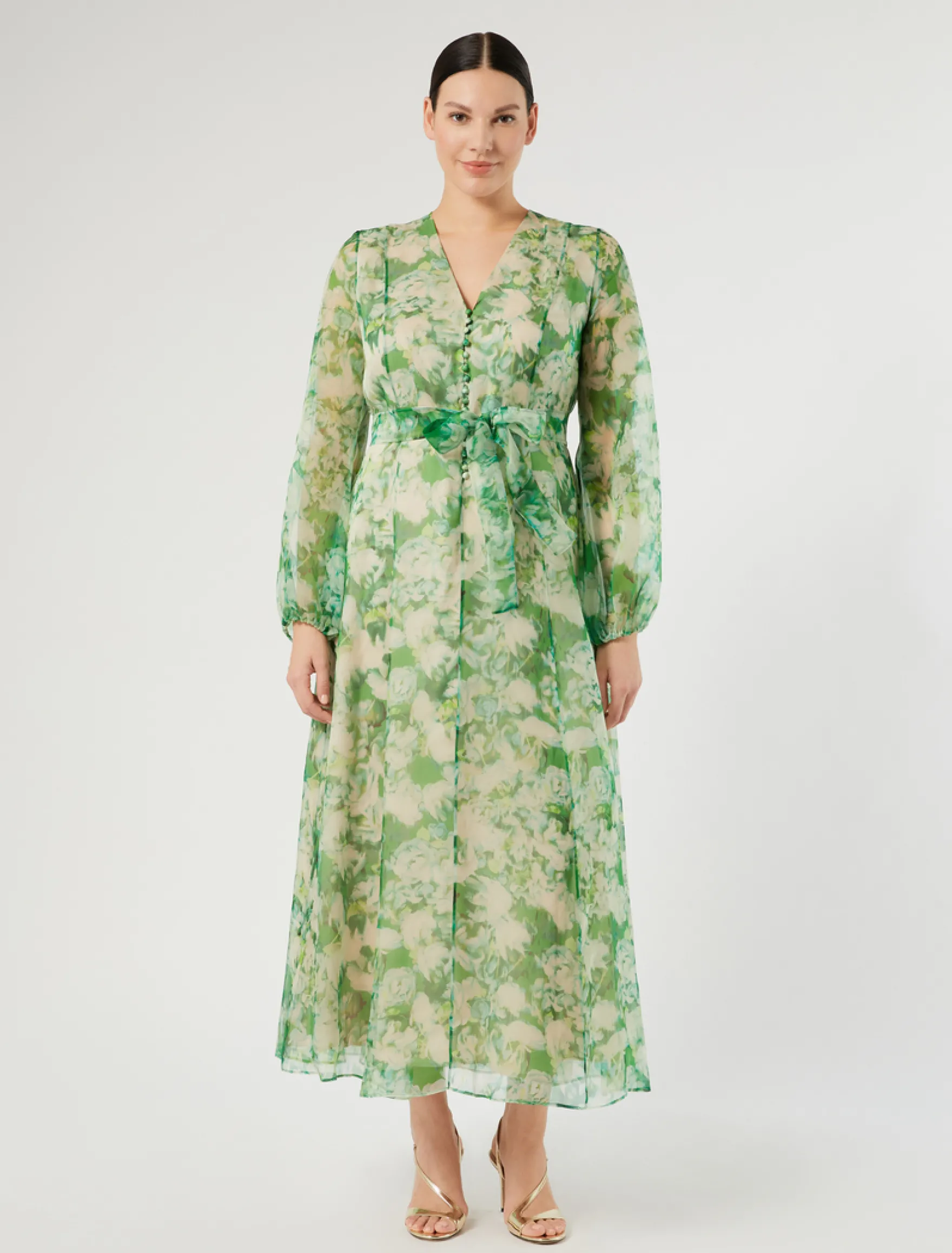 Abito lungo in organza di pura seta - VERDE SMERALDO