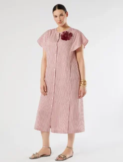 Abito lungo in tela di lino e seta - BEIGE ROSA