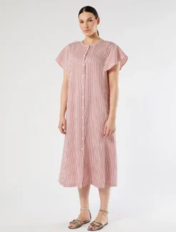Abito lungo in tela di lino e seta - BEIGE ROSA