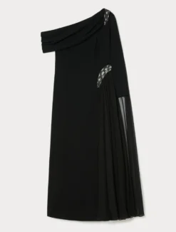 Abito monospalla in cady e chiffon - NERO