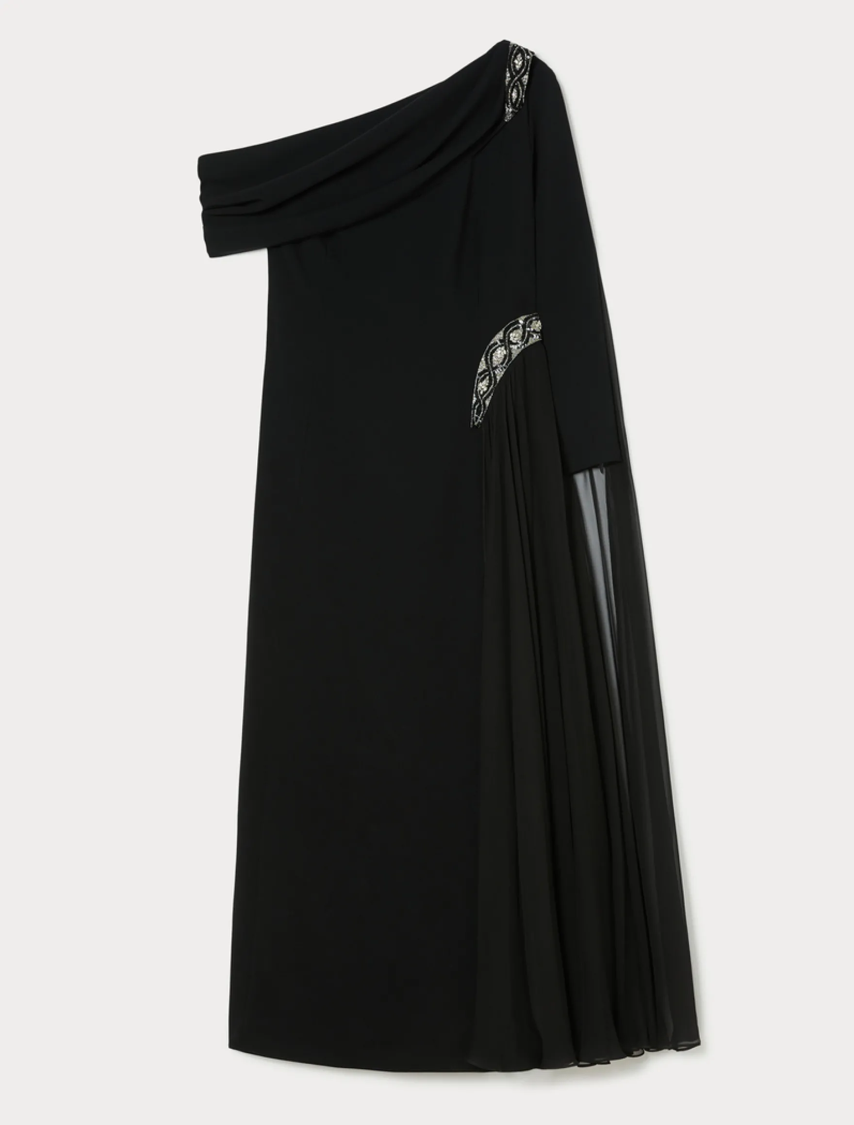Abito monospalla in cady e chiffon - NERO