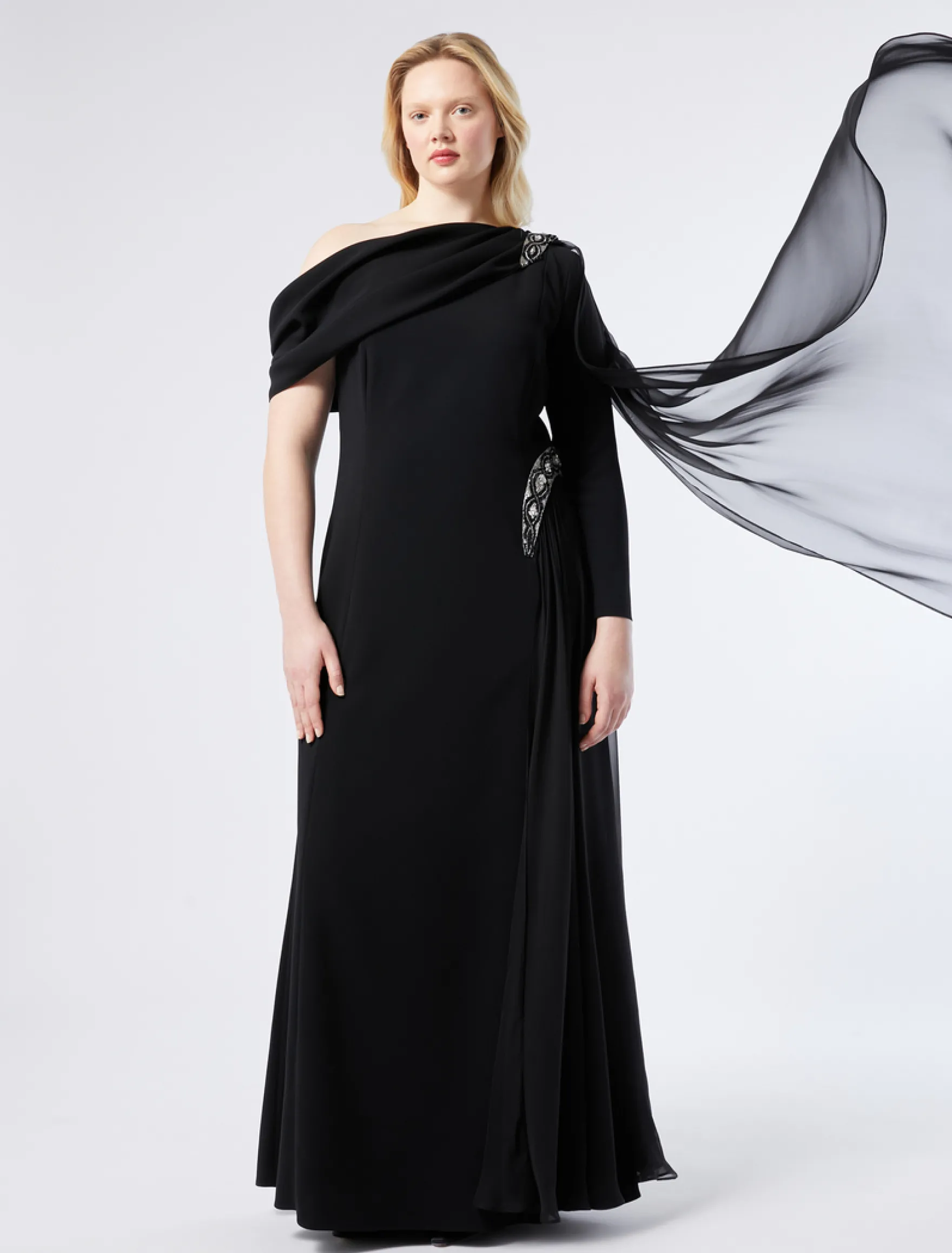 Abito monospalla in cady e chiffon - NERO