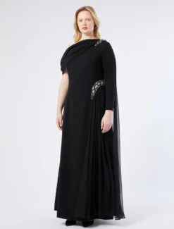 Abito monospalla in cady e chiffon - NERO