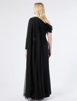 Abito monospalla in cady e chiffon - NERO