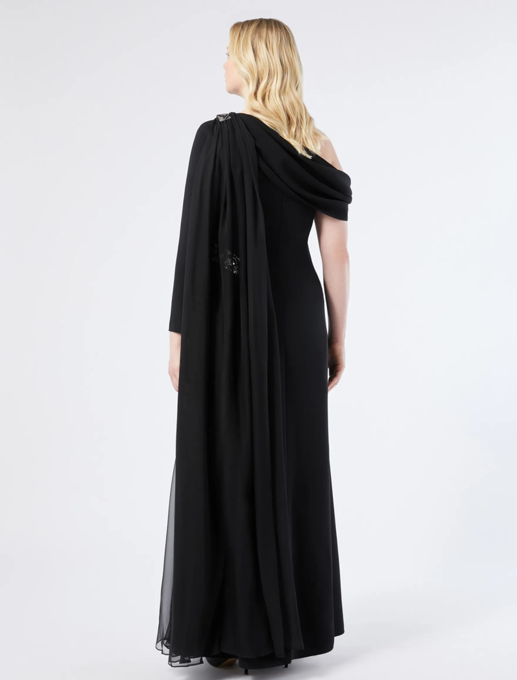 Abito monospalla in cady e chiffon - NERO