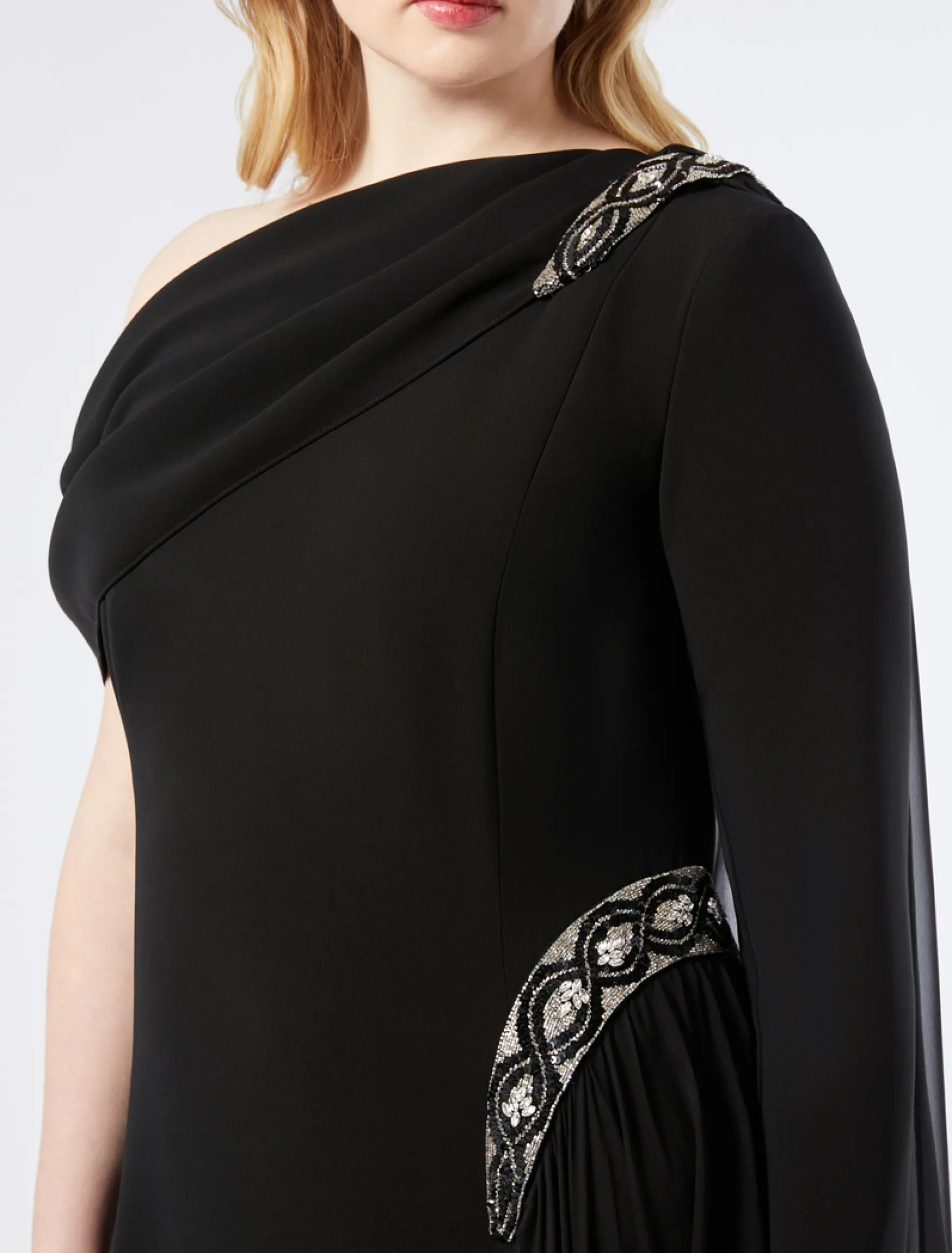 Abito monospalla in cady e chiffon - NERO