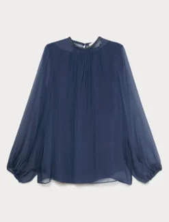 Blusa in chiffon di pura seta - BLU
