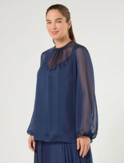 Blusa in chiffon di pura seta - BLU