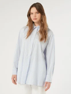 Blusa in misto cotone a righe - BIANCO