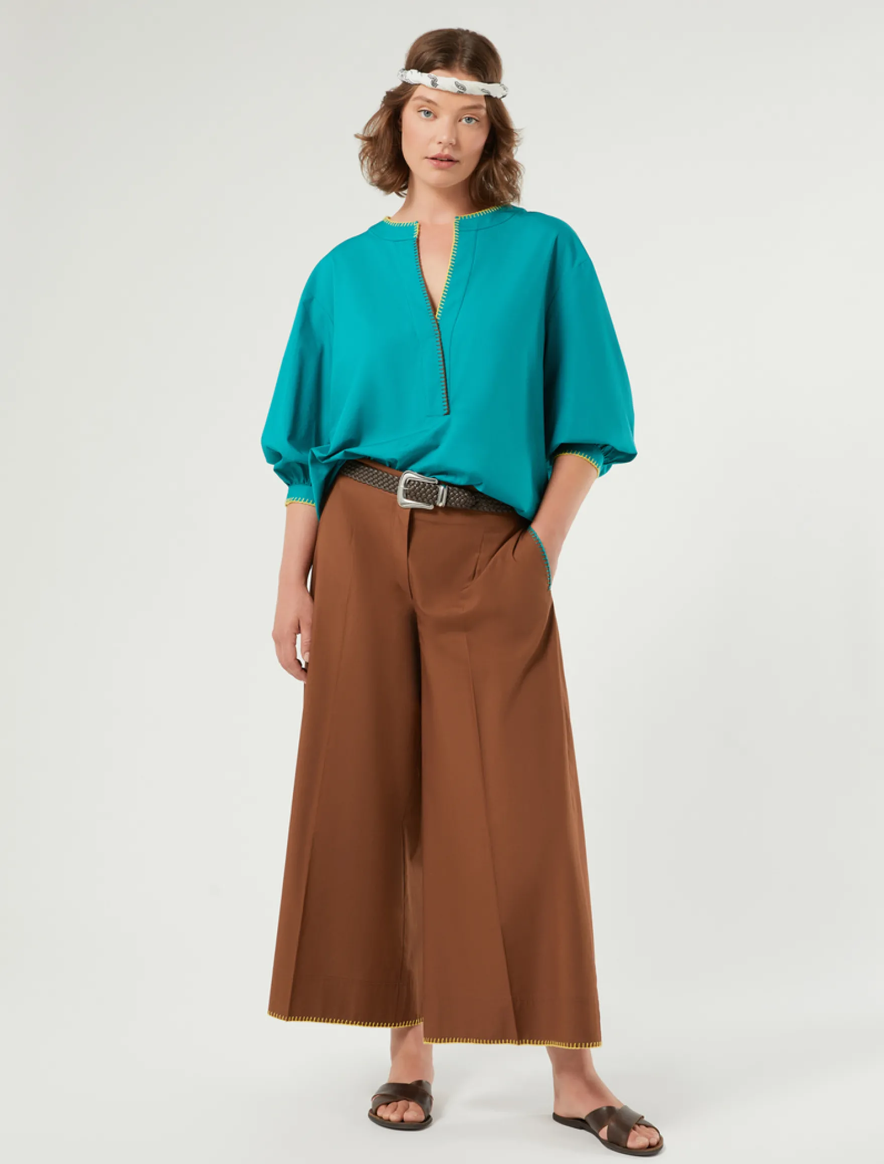 Blusa in popeline di cotone con ricami - PETROLIO