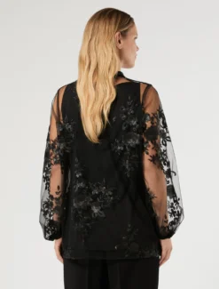 Blusa in tulle ricamato - NERO