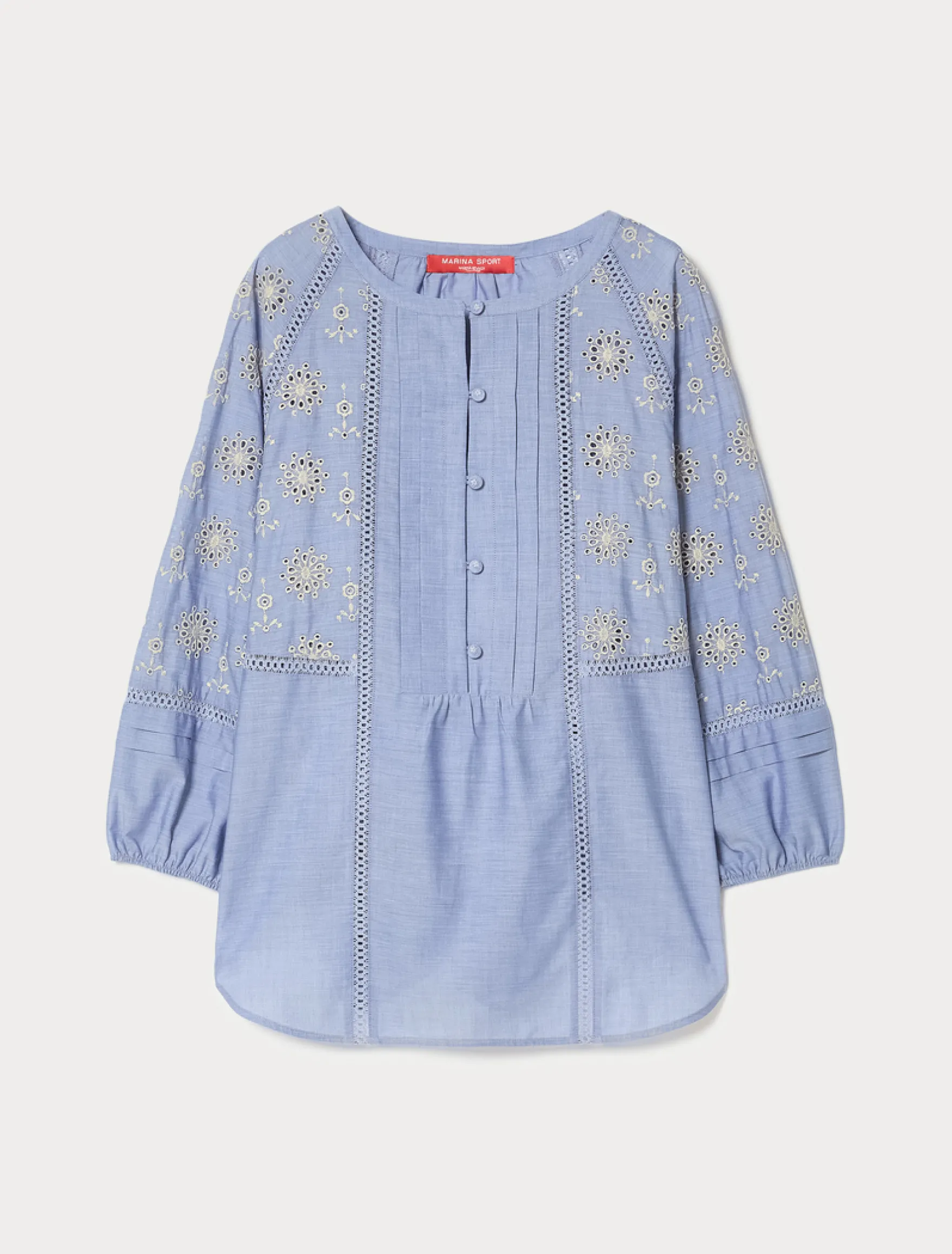 Camicia in cotone chambray con ricamo - AZZURRO