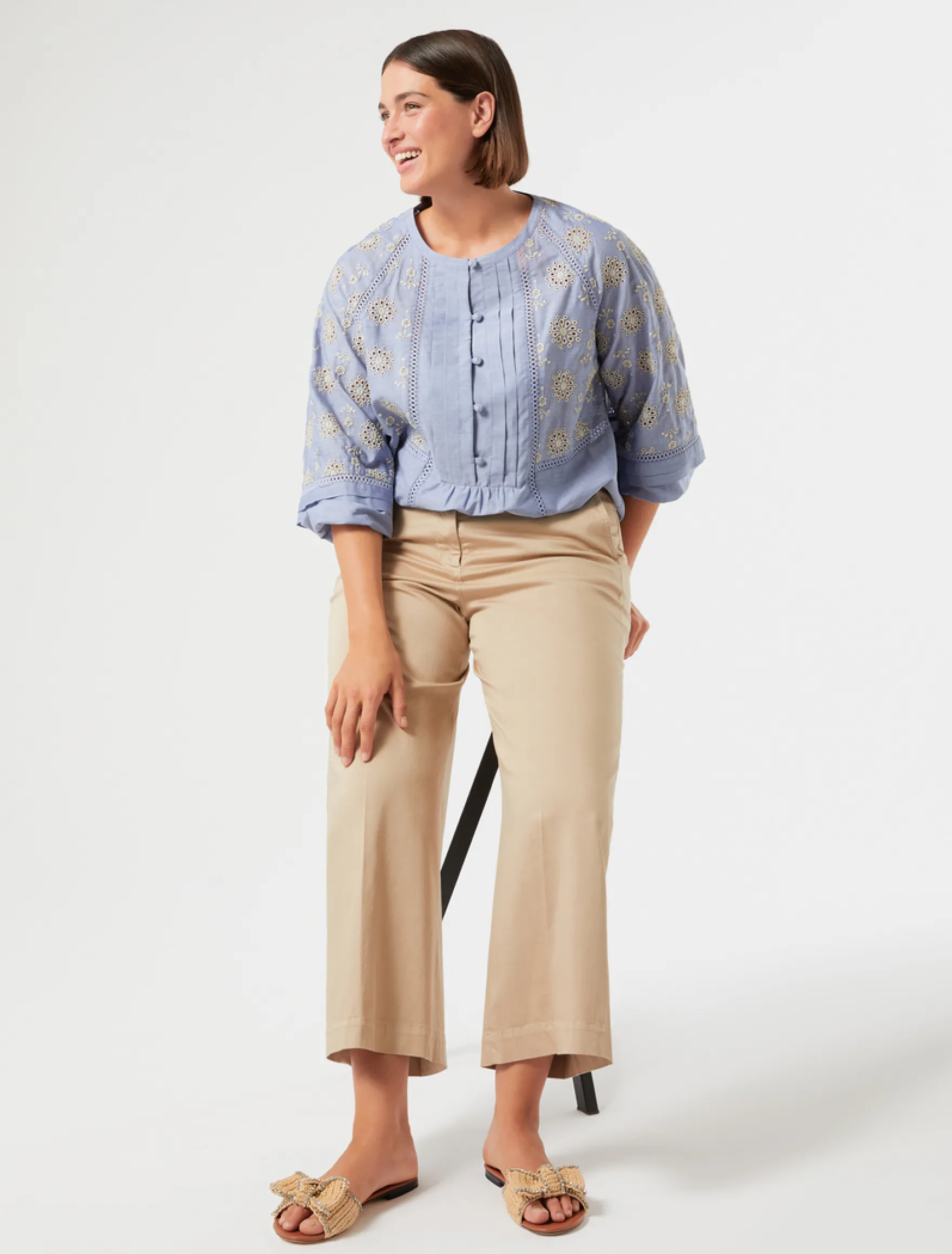 Camicia in cotone chambray con ricamo - AZZURRO