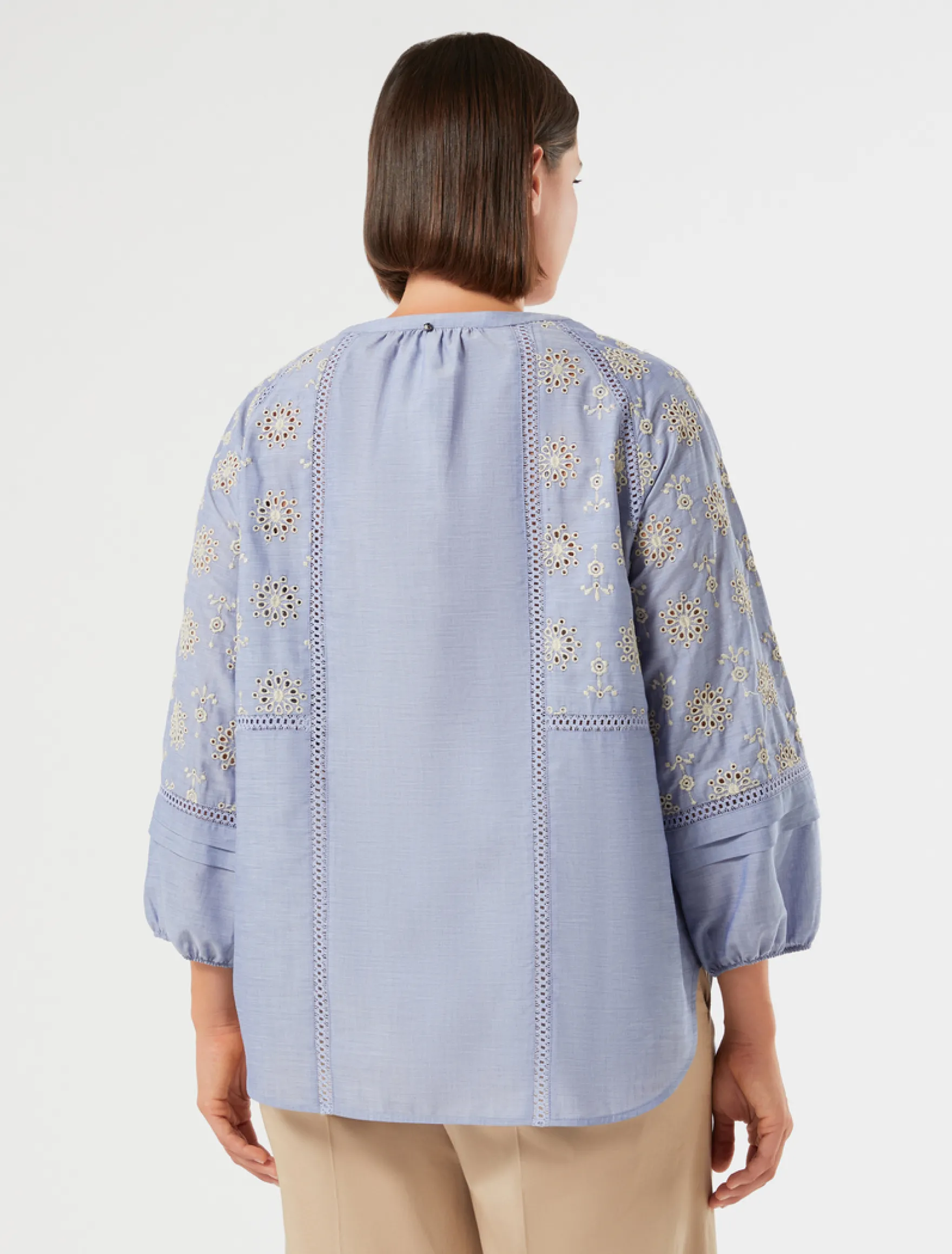 Camicia in cotone chambray con ricamo - AZZURRO