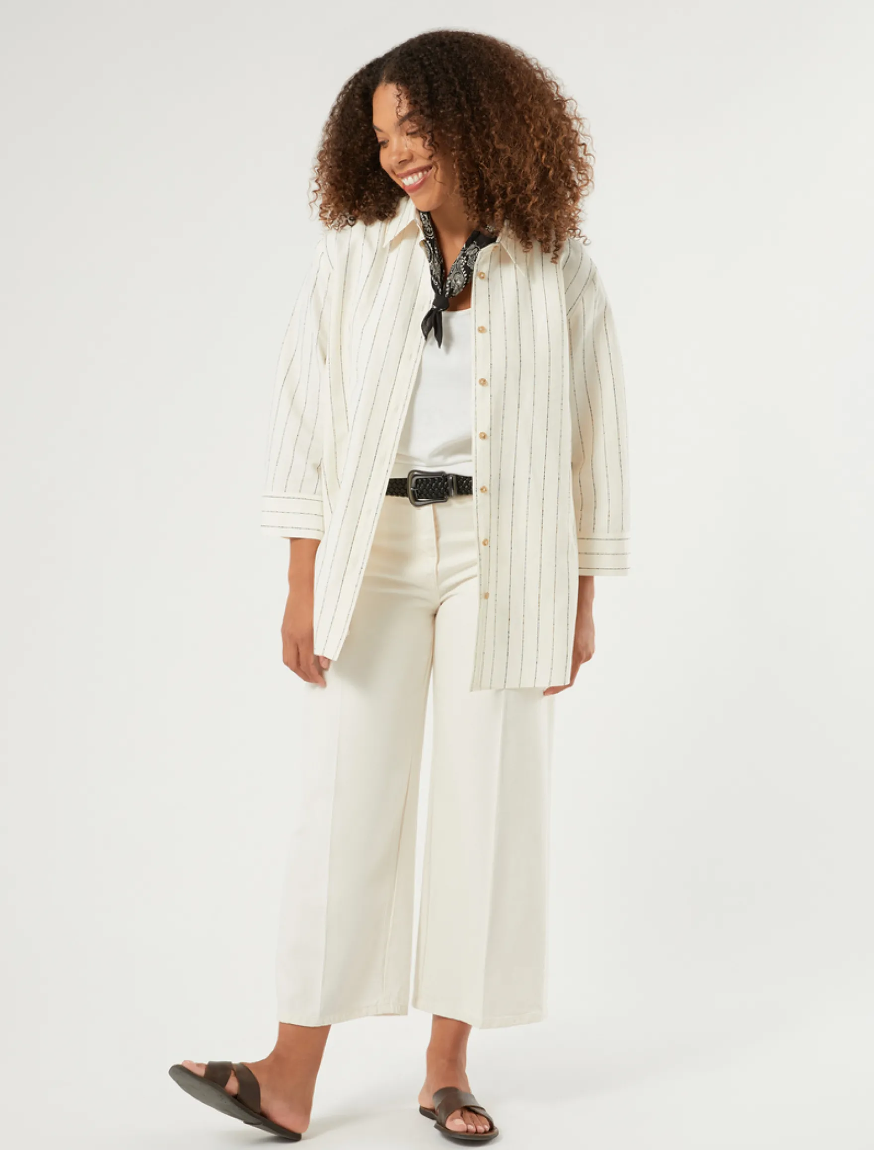 Camicia in lino e viscosa gessato - BIANCO