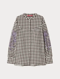Camicia in popeline Vichy con ricamo - CIOCCOLATO