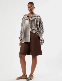 Camicia in popeline Vichy con ricamo - CIOCCOLATO