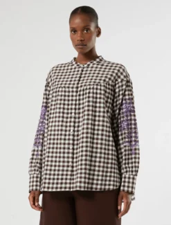 Camicia in popeline Vichy con ricamo - CIOCCOLATO