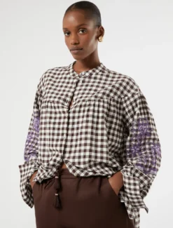 Camicia in popeline Vichy con ricamo - CIOCCOLATO
