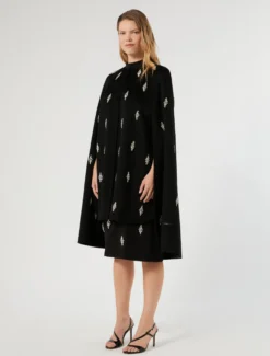 Cappa in drap di pura lana con ricamo - NERO