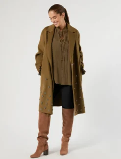Cappotto in double di lana con ricamo - VERDE KAKI